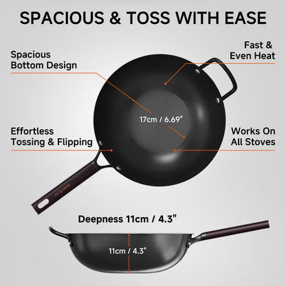 SUMEIGUAN 13.5" Carbon Steel Wok Pan - Pre-Seasoned Flat Bottom Woks & Stir-fry Pans Chinese Cookware with Lid & Spatula - For Pan-fry,Stir Fry, Steam, BBQ & Camping - Compatible with Induction, Gas