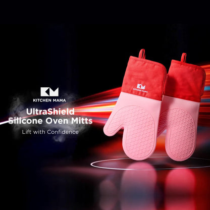 Kitchen Mama UltraShield Silicone Oven Mitts – Heat Resistant, Non-Slip Surface, Durable, Safe, Pot Holders, FlexiblWaterproof Glove Set, Perfect for Cooking, Baking, Grilling, BBQ (Red)