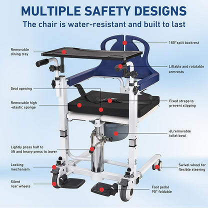 Patient Transfer Lift Chair, 350 lb Capacity, 180° Split Seat, Hydraulic Commode Wheelchair for Elderly, Bed to Toilet