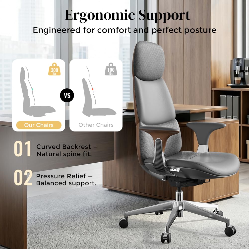 OMIDI Nyla Executive Office Chair - Genuine Leather Ergonomic High-Back Desk Chair with Adjustable Lumbar Support, Tilt Lock, Executive, Home Office, Gray, Litchi Grain
