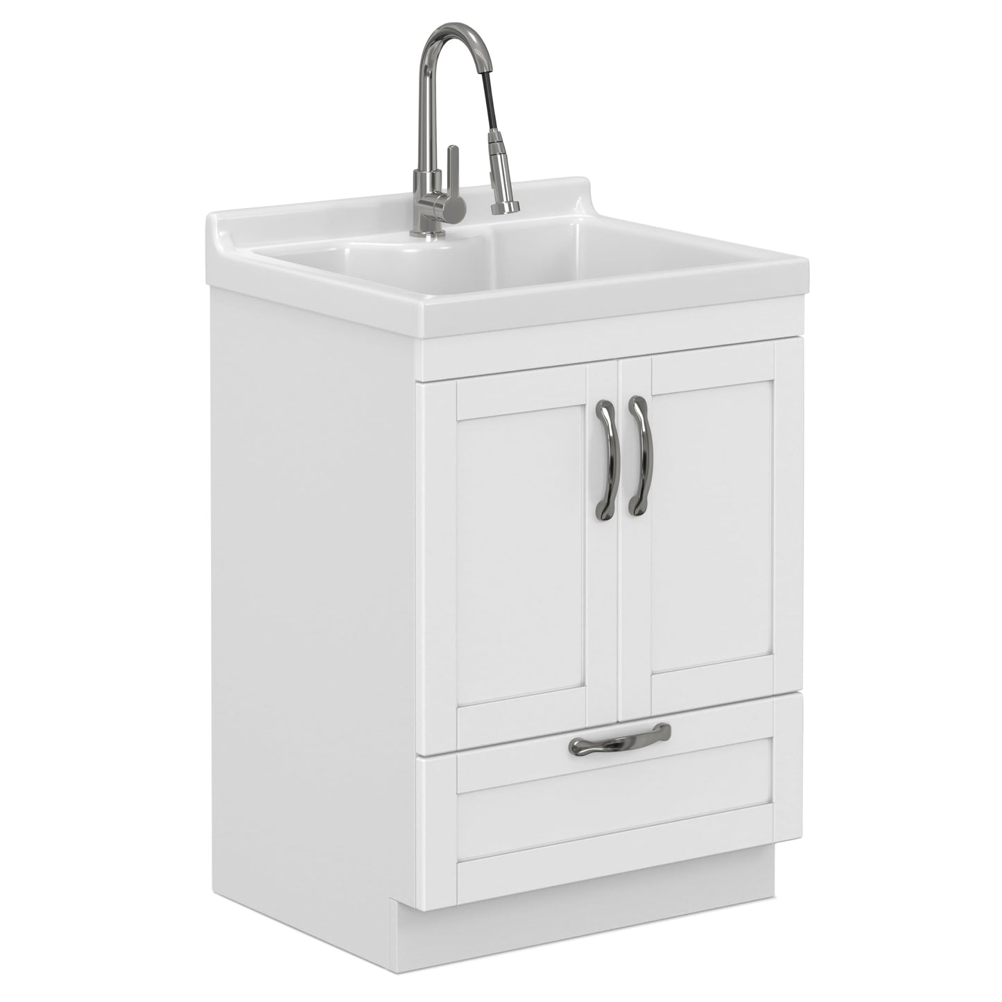 SIMPLIHOME Maile All-in-One 24 inch Wide Utility Sink and Laundry Cabinet in Pure White Finish, Transitional ABS Sink Cabinet for Laundry Rooms or Garage with High-Arch Chrome Faucet and Storage