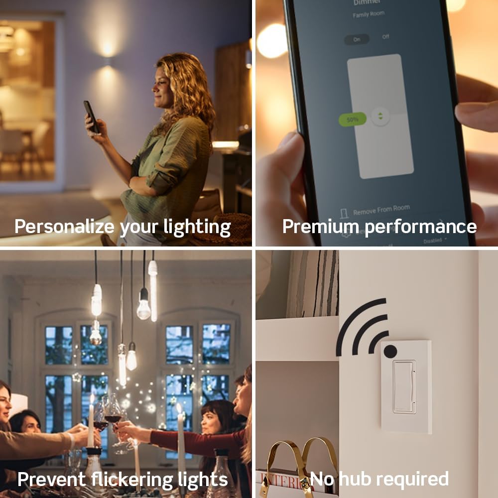 Leviton Decora Smart Dimmer Switch, Wi-Fi 2nd Gen, Neutral Wire Required, Works with Matter, My Leviton, Alexa, Google Assistant, Apple Home/Siri & Wired or Wire-Free 3-Way, D26HD-2RW, White