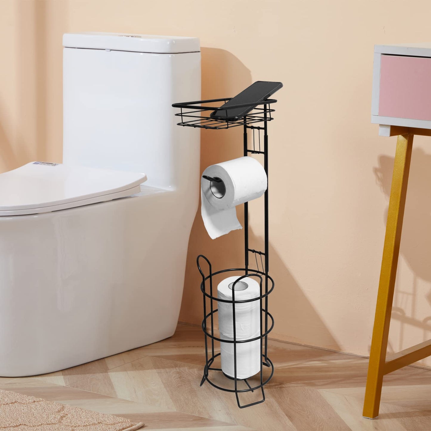 Toilet Paper Holder Stand Bathroom Toilet Paper Storage with Raised Base, Tissue Paper Roll Dispenser with Top Shelf (Black)