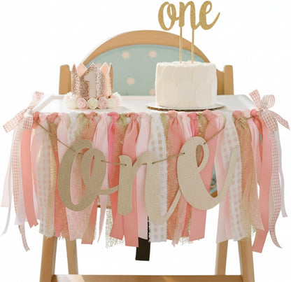 1st Set PapaKit Girls Birthday High Chair Premium Decoration - Pink & Gold Ribbon Garland, Crown, One Banner & Cake