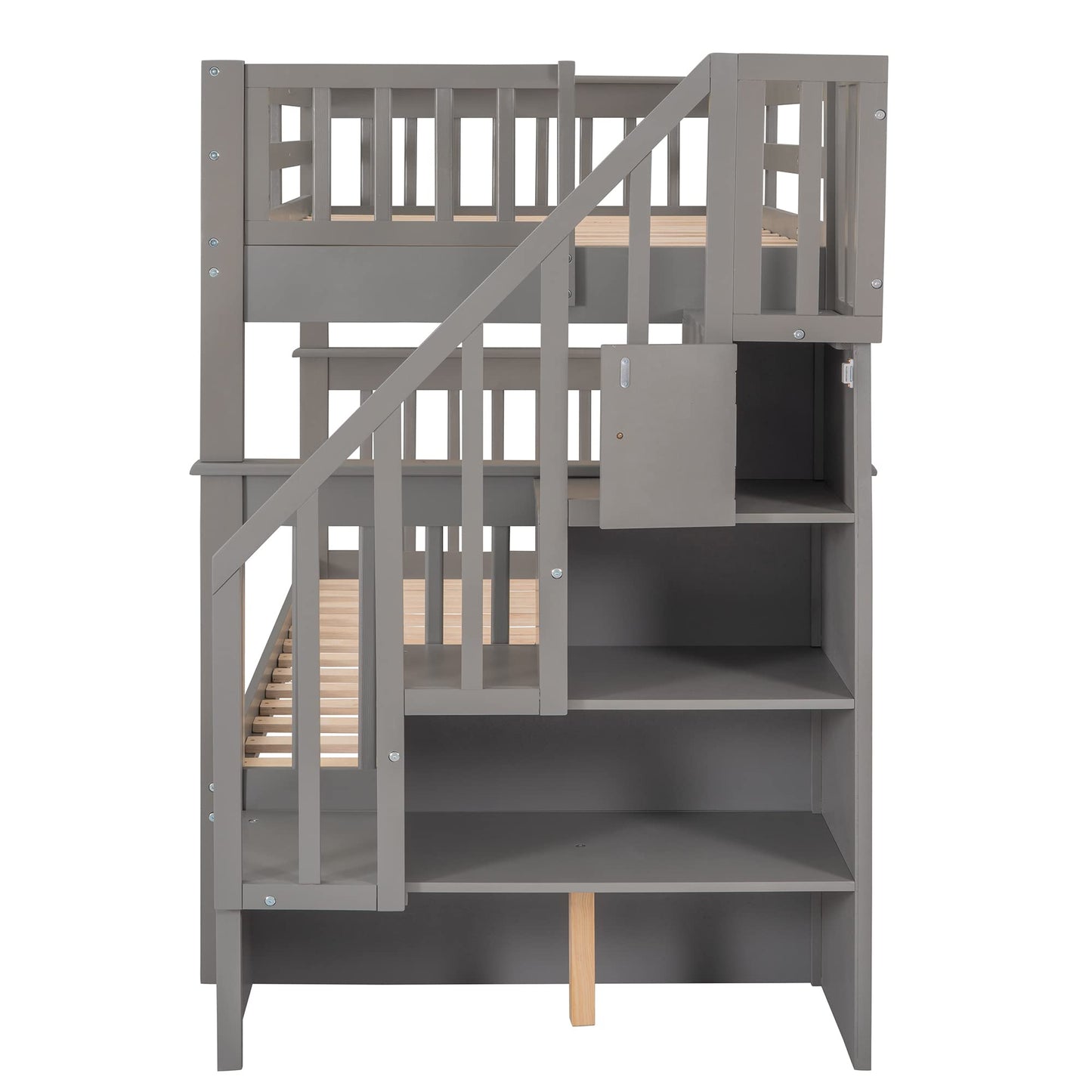 Ball & Cast Twin-Over-Twin Bunk Bed with Storage Ladder and Full-Length Guard Rail,Wood Bunkbed w/Slat Support,Space Saving,Bedframe Furniture for Student Dorms,Studio,Gray