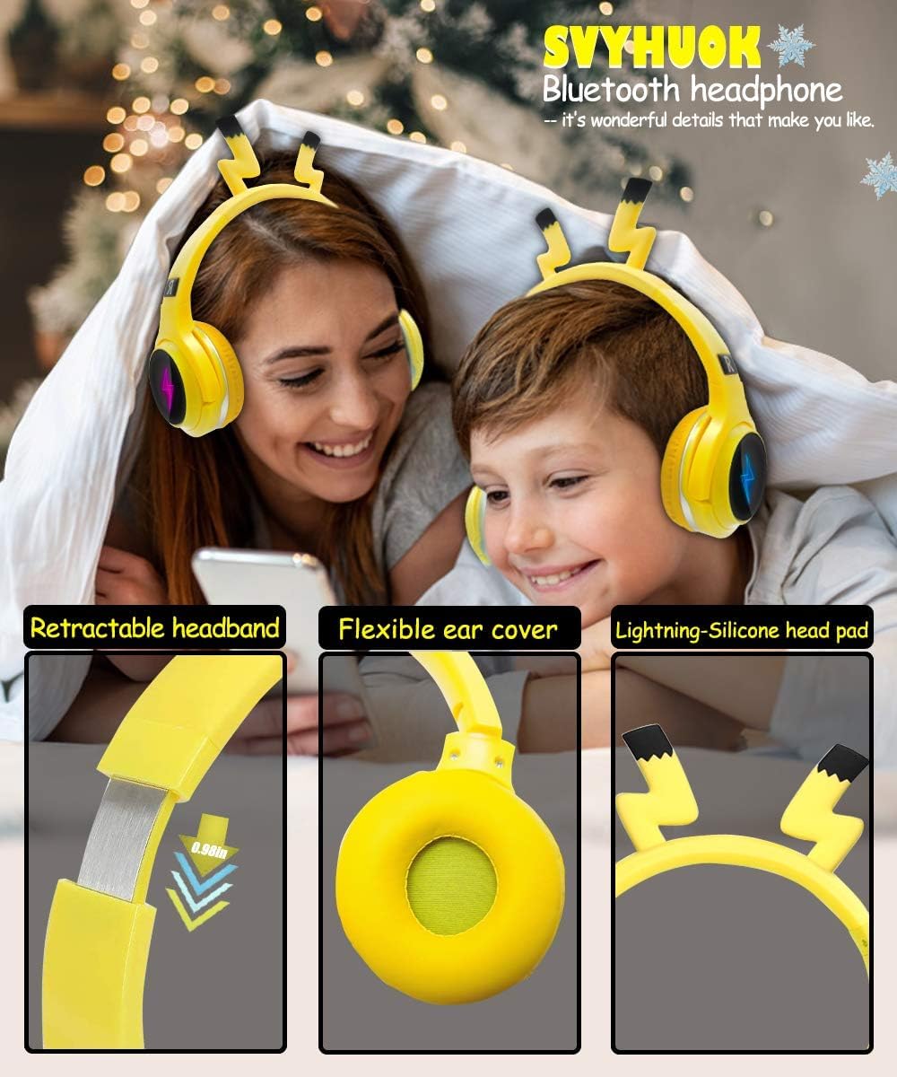 Kids Wireless Bluetooth 5.0 Earphones with 7 Colors LED Light, Earhook Headphones, Foldable Built-in Microphone, Suitable for Boys and Girls Game/Music/Study, Christmas/Birthday/Travel Gift (Yellow)