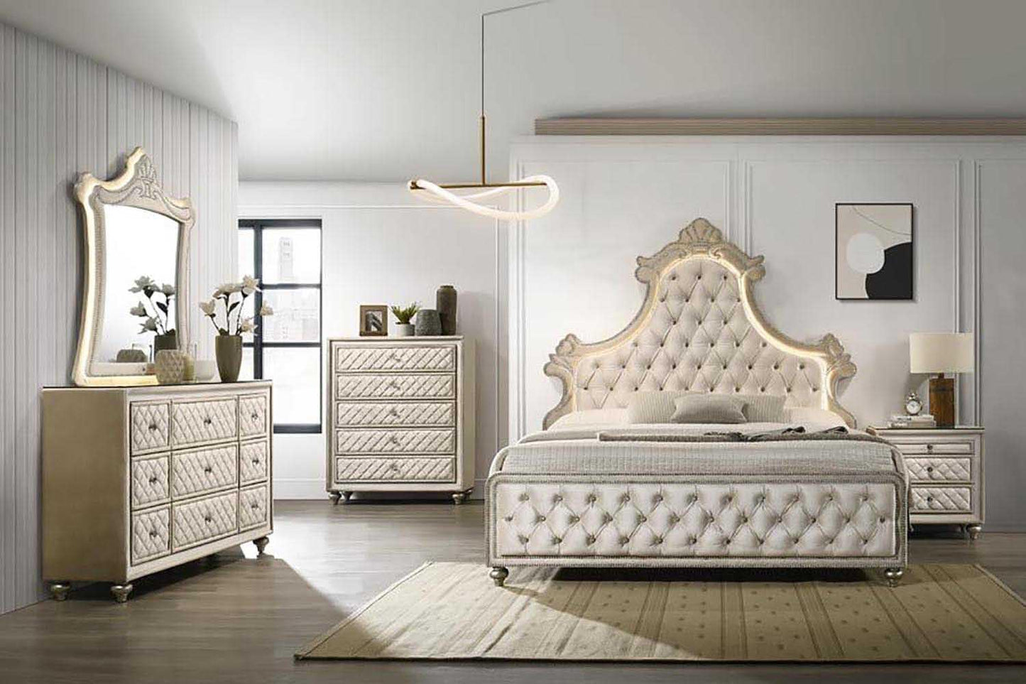 Acme Lucienne 2-Drawer Velvet Upholstered and Wood Nightstand in Beige