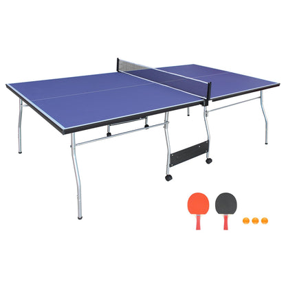 Compact Ping Pong Table, 8ft Mid-Size Indoor/Outdoor Table Tennis Game Set, Foldable, Portable Table Tennis Table with Net, 2 Table Tennis Paddles and 3 Balls, Blue