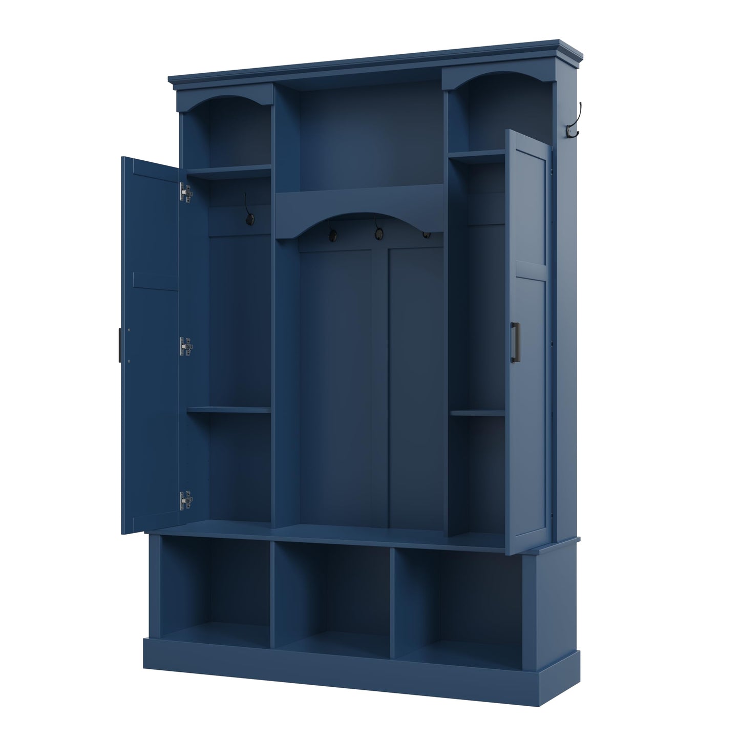 Modern Farmhouse Hall Tree with Adjustable Shelves & 7 Hooks, All-in-One Entryway Organizer, Shoe Cabinet & Storage Bench for Mudroom, Hallway, Classic Arched Design, Dual Side Cabinets (Blue Style6)
