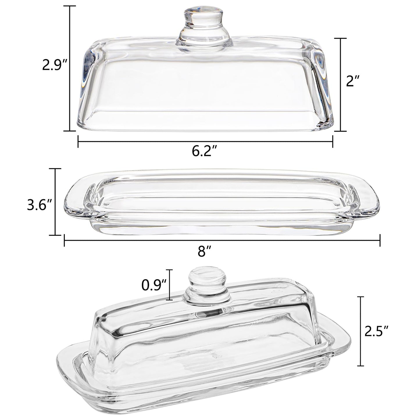 Hedume Set of 2 Glass Butter Dish with Handled Lid, Classic Clear 2-Piece Design Butter Keeper, Food Safe and Dishwasher Safe Standard Size of Butter Dish