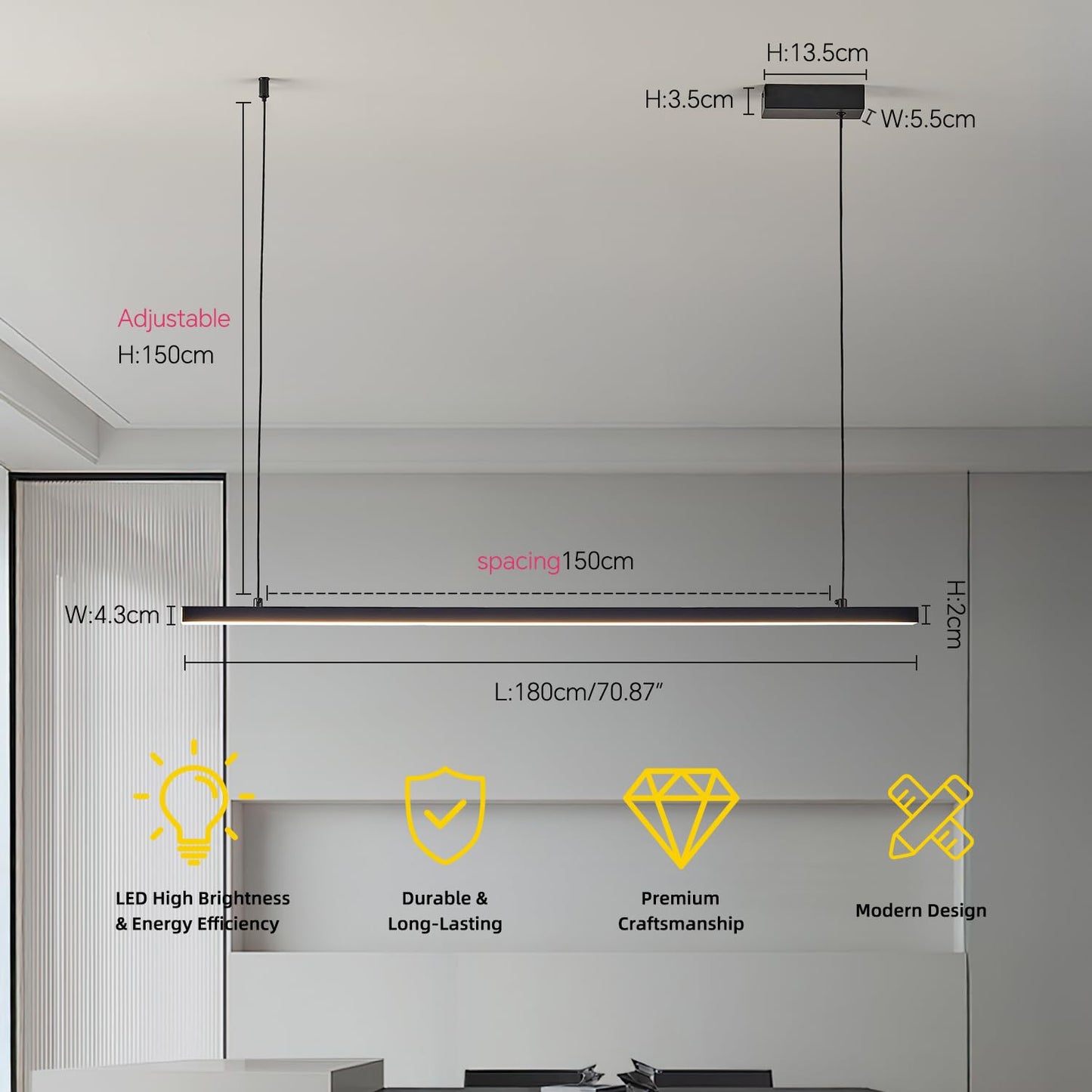 Black long chandelier, dining room light, Nordic modern minimalist style, office, long bar counter, kitchen light, color temperature adjustable from 3000K to 6000K, LED chandelier, 70.87 inches