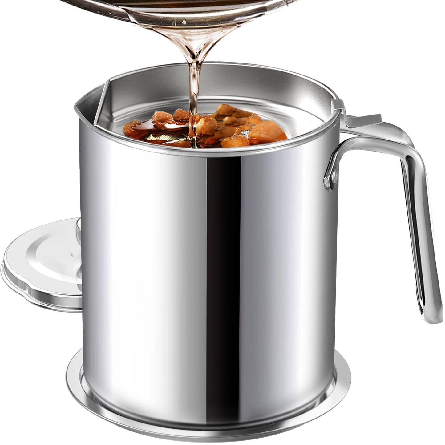Chihee Grease Container Stainless Steel Bacon Grease Saver with Fine Mesh Strainer 2L / 67.6 fl oz Cooking Oil Keeper Stoarge Can with Dust-proof Lid Non-slip Tray for Kitchen Frying