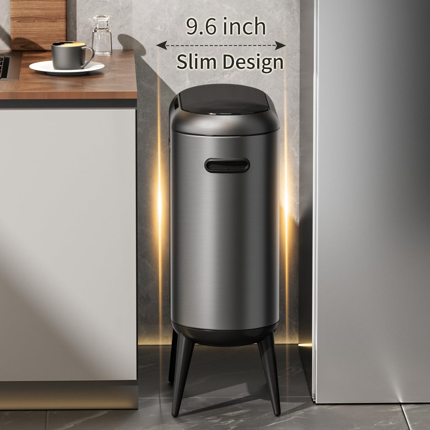 MRBIN 40L/11Gal Slim Sensor Trash Can with Legs, Touchless Motion Sensor Garbage Bin,Side Handles, Narrow Automatic Waste Basket for Kitchen, Living Room, Bedroom, Eclipse Grey