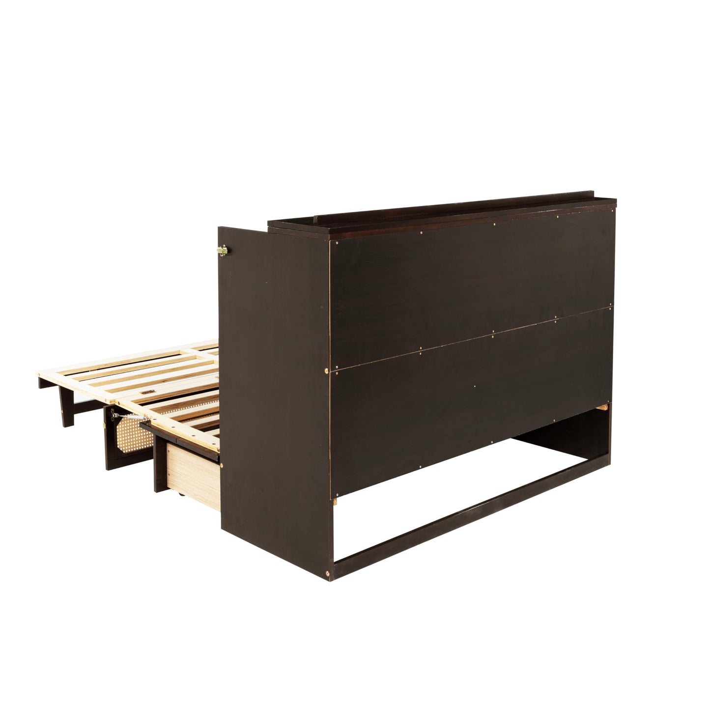 Ball & Cast Hideaway Cabinet Bed Queen Size,Wood Rattan Murphy Bedframe with Storage Drawer,Wall Platform can be Folded up,Space-Efficient Design,for Apartment,Bedroom,Espresso
