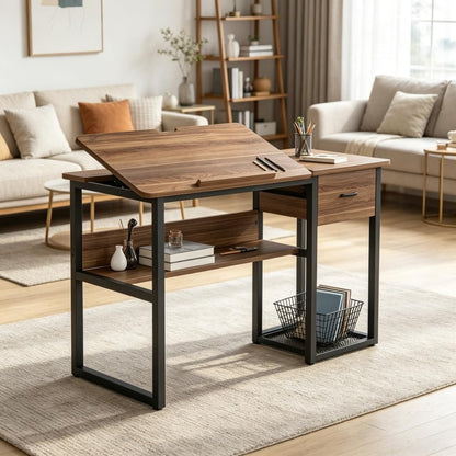 Drafting Table with Adjustable Drawing Board, Storage Drawer and Shelves, Wood and Metal, 47.24 x 23.62 x 29.53 Inch
