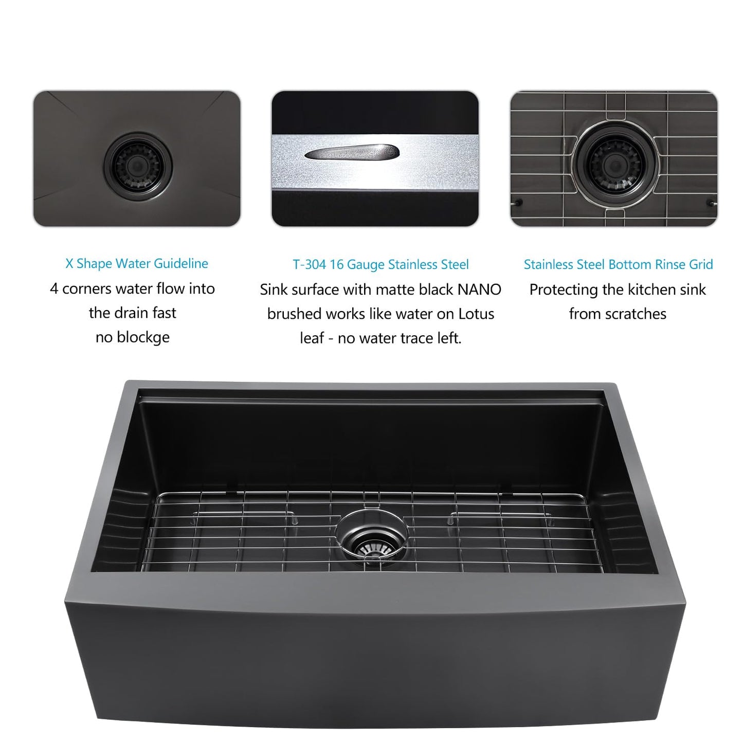 30 Black Farmhouse Sink - Lordear 30 inch Farm Kitchen Sink Workstation Apron Front 16-Gauge Gunmetal Black Stainless Steel Single Bowl Deep Kitchen Farmer Sinks, 9" Apron Height