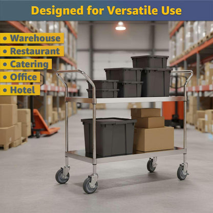 18" x 46" x 37" Stainless Steel Two Shelf Utility Cart - Commercial Heavy-Duty NSF Service Cart with Handles, Storage Rolling Shelving for Warehouse, Office, Food Service