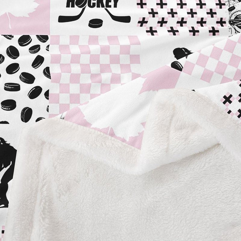 Erosebridal Ice Hockey Twin Size Fleece Blanket for Girls, Puck Sports Games Fuzzy Blankets for Kids Teens Bedroom, Hockey Player Throw Blanket Plaid Patchwork Blankets, Pink White Black
