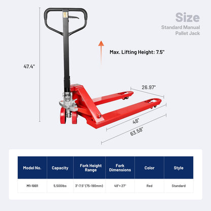 NORTHSKY Manual Pallet Jack – Standard Duty Manual Forklift, 5500 lbs Capacity, 48" L x 27" W Forks, Durable PU Wheels, Warehouse & Factory Use