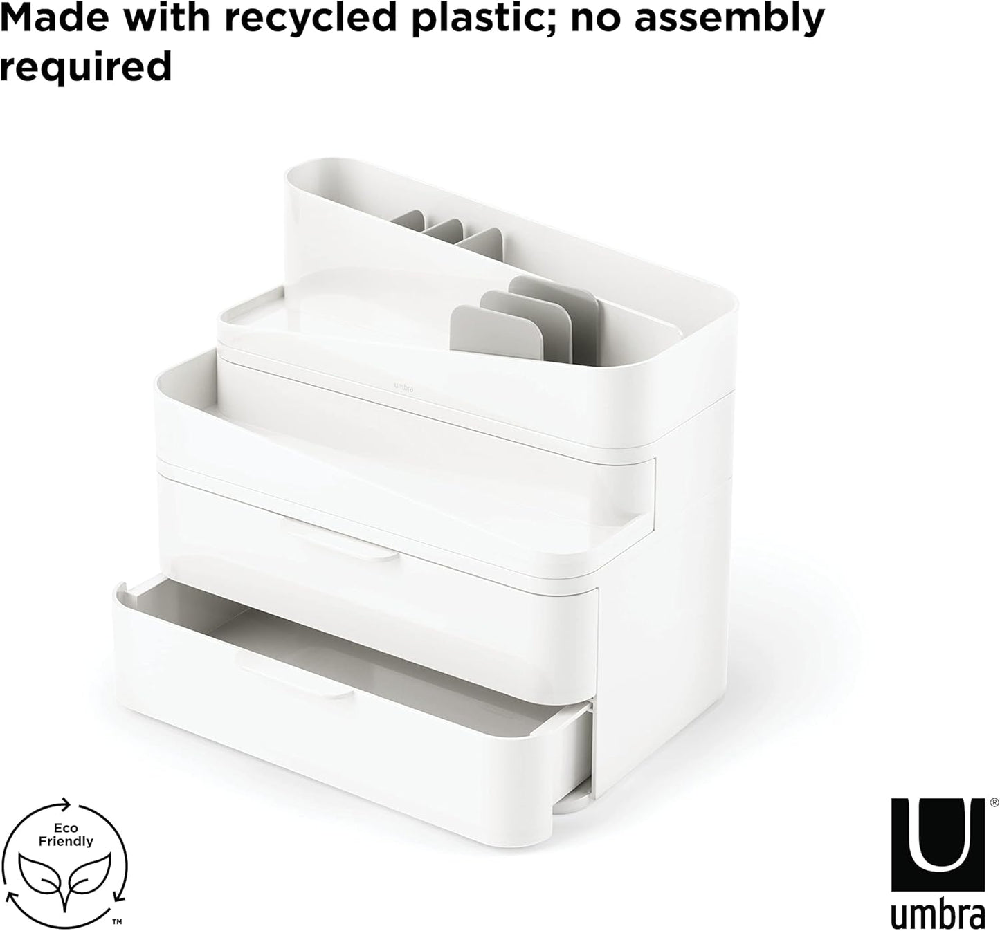Umbra Glam Organizer, Large Makeup Organizer with Three Drawers, Rubber Feet and Removable Dividers, White/Grey
