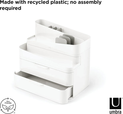 Umbra Glam Organizer, Large Makeup Organizer with Three Drawers, Rubber Feet and Removable Dividers, White/Grey