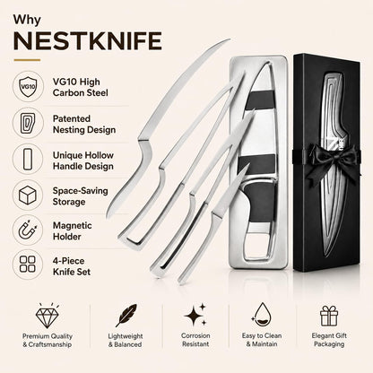 NestKnife Magnetic Kitchen Knife Set - 4 Piece VG10 High Carbon Stainless Steel Kitchen Knives with Patented Space-Saving Nesting Design & Magnetic Block - Ultra Sharp Professional Chef Knife Set