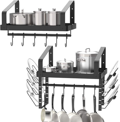 X-cosrack Pot Racks Wall Mounted Set of 2,with Towel Bar and Pots Pans Lids Organizer, Kitchen Cookware Hanging Shelves with 12 Hooks, Black