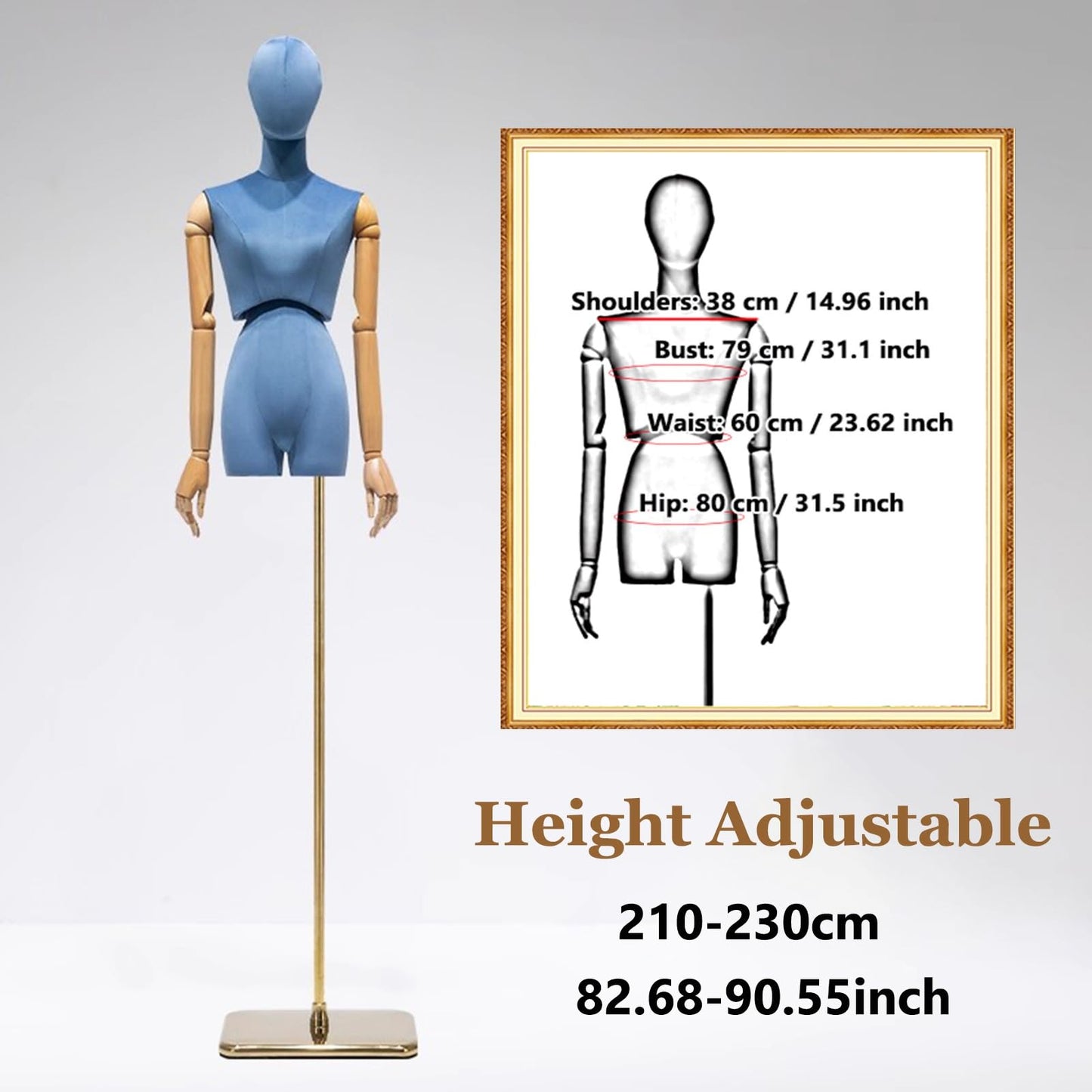 Premium Female Mannequin Rotatable Head/Torso, Solid Wood Arms Dress Form Sewing Mannequin , Heavy-Duty Adjustable Metal Base(Blue)