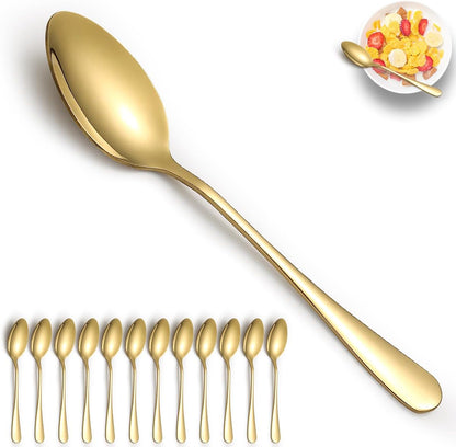 Gold Stainless Steel Dinner Spoons Set of 12, Table, Soup, Dessert Spoons for Home, Kitchen, Restaurant, Dishwasher Safe