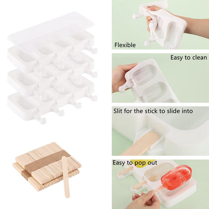 3 Set Small Popsicles Molds with Lids and 100 Pieces Wooden Popsicles Sticks, 4 Cavities Silicone Ice Cream Molds for Making Cakesicles, Cake Pops, Ice Cream - BPA Free