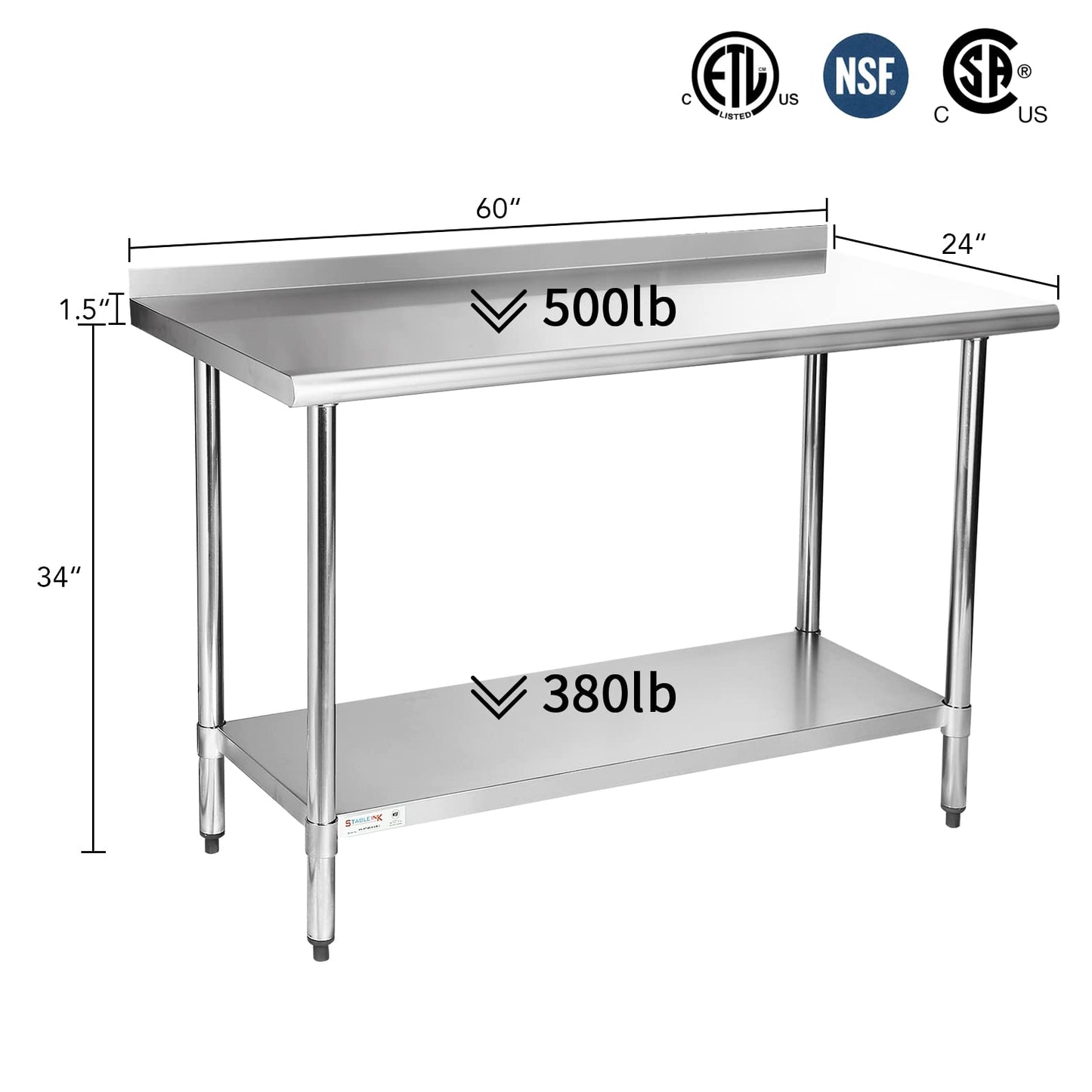 STABLEINK NSF Stainless Steel Table 60x24 Inches 5ft, Metal Prep & Work Table with Backsplash and Adjustable Undershelf, for Commercial Kitchen, Restaurant, Hotel, Laundry and Garage