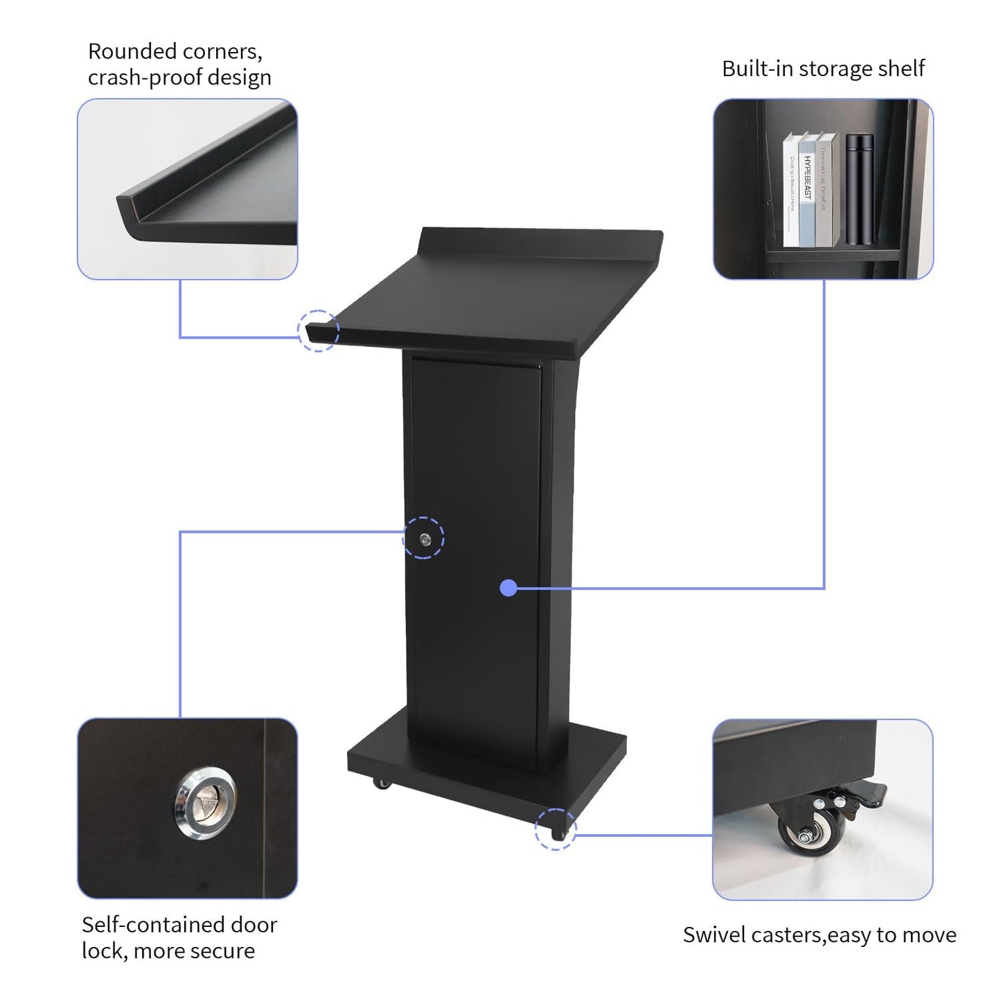 BERPET Podium Stand with 4 Locking Wheels, Lecterns & Podiums for Church School Office Conference Home, Heavy Duty Metal, Large Storage Area, Slant Desktop, 50.4" H