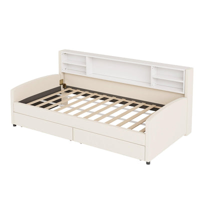 Merax Twin Size Upholstered Platform Bed with Storage and Drawers, Beige