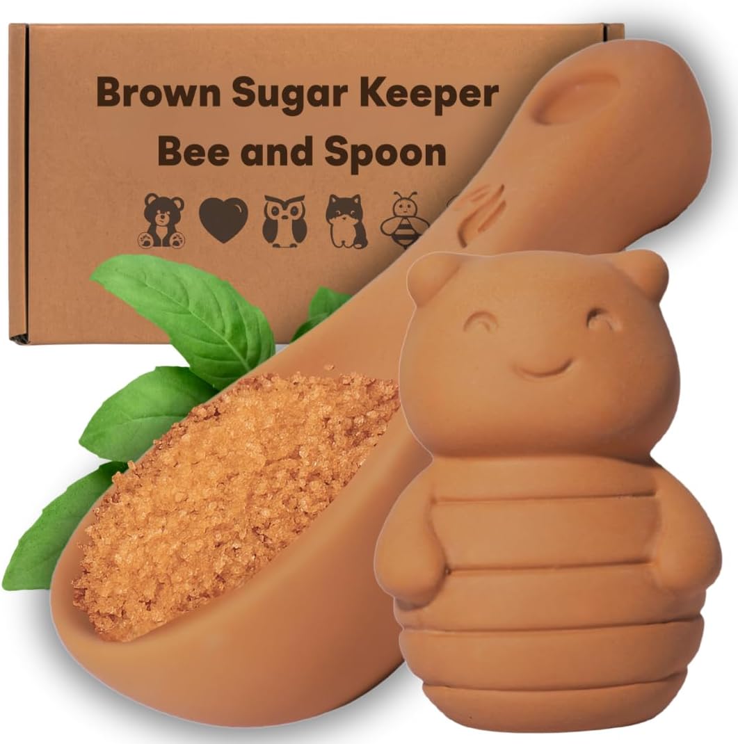 3D 2-in-1 Set (1, Sifri Brown Sugar Keeper Terracotta Clay Bee & Spoon Saver Softener Cute Kitchen Storage & Freshness