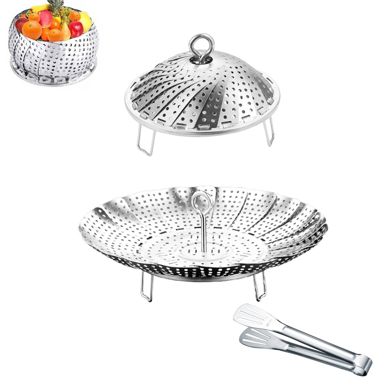 Yubng 304 Stainless Steel Vegetable Steamer Basket, Expandable Insert for Cooking, Fits 6.4 to 10.2 Inch Pots, Includes 7.3 Inch Kitchen Tongs