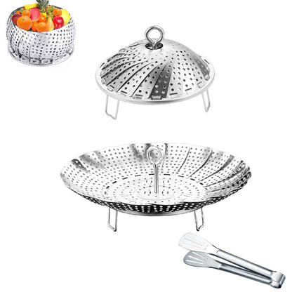 Yubng 304 Stainless Steel Vegetable Steamer Basket, Expandable Insert for Cooking, Fits 6.4 to 10.2 Inch Pots, Includes 7.3 Inch Kitchen Tongs