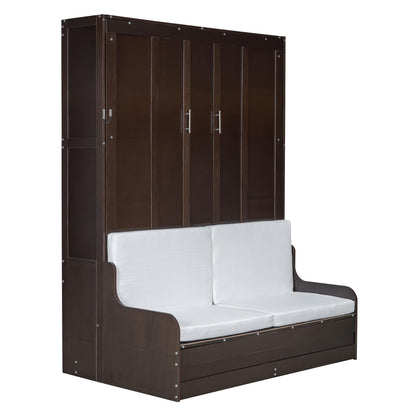 Merax Queen Size Murphy Bed Frame, Modern Wall Bed Can Be Folded into Cabinet, Chair with Cushion, Espresso