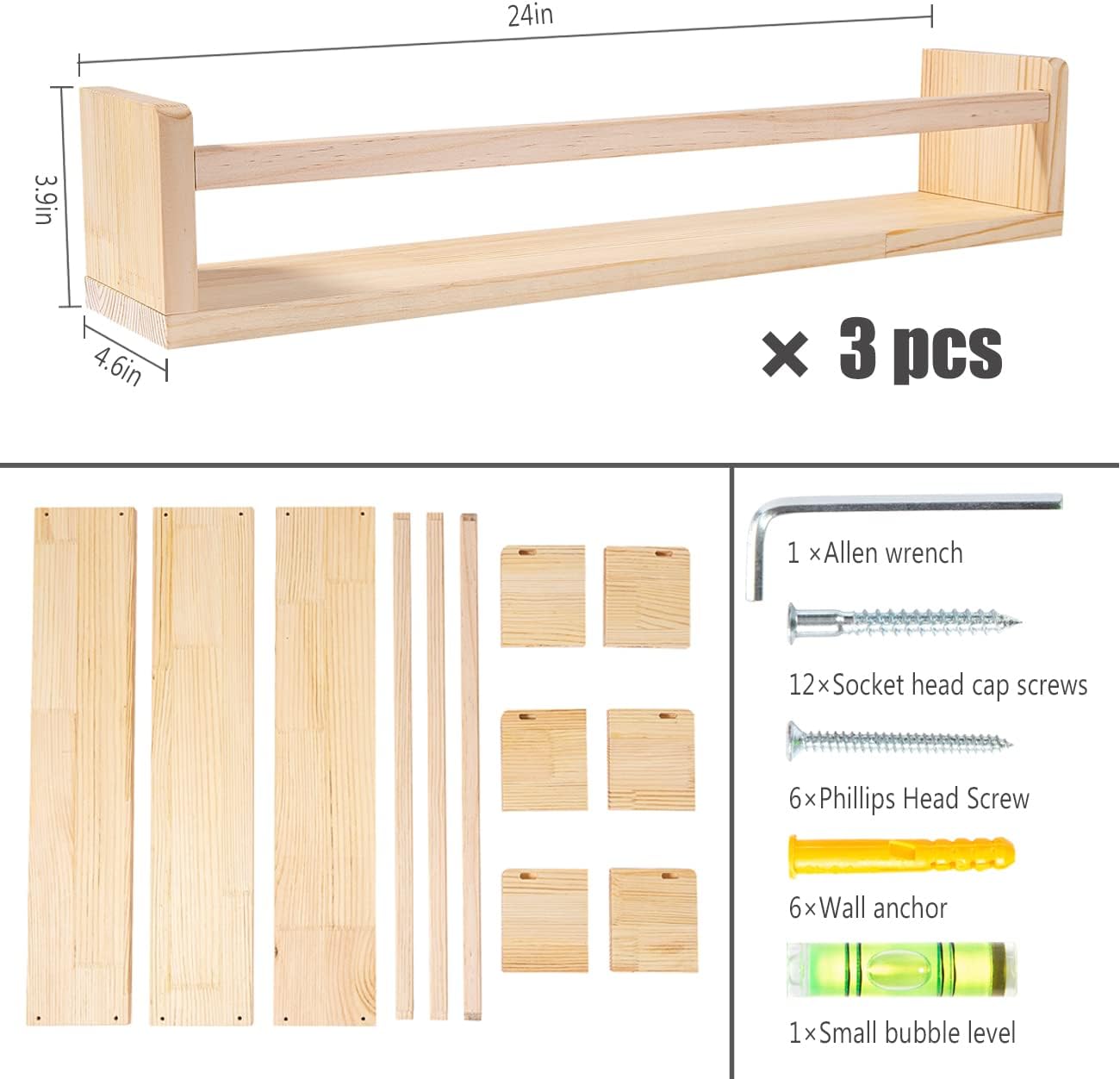 24 Inch Set 3 AZSKY Nursery Book Shelves Rustic Natural Wood Floating Shelves,Wall Book Shelves for Farmhouse,Bathroom