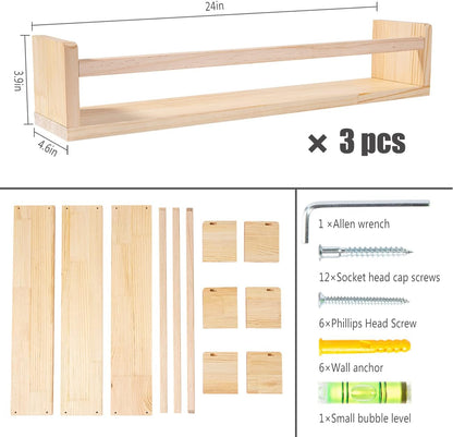 24 Inch Set 3 AZSKY Nursery Book Shelves Rustic Natural Wood Floating Shelves,Wall Book Shelves for Farmhouse,Bathroom