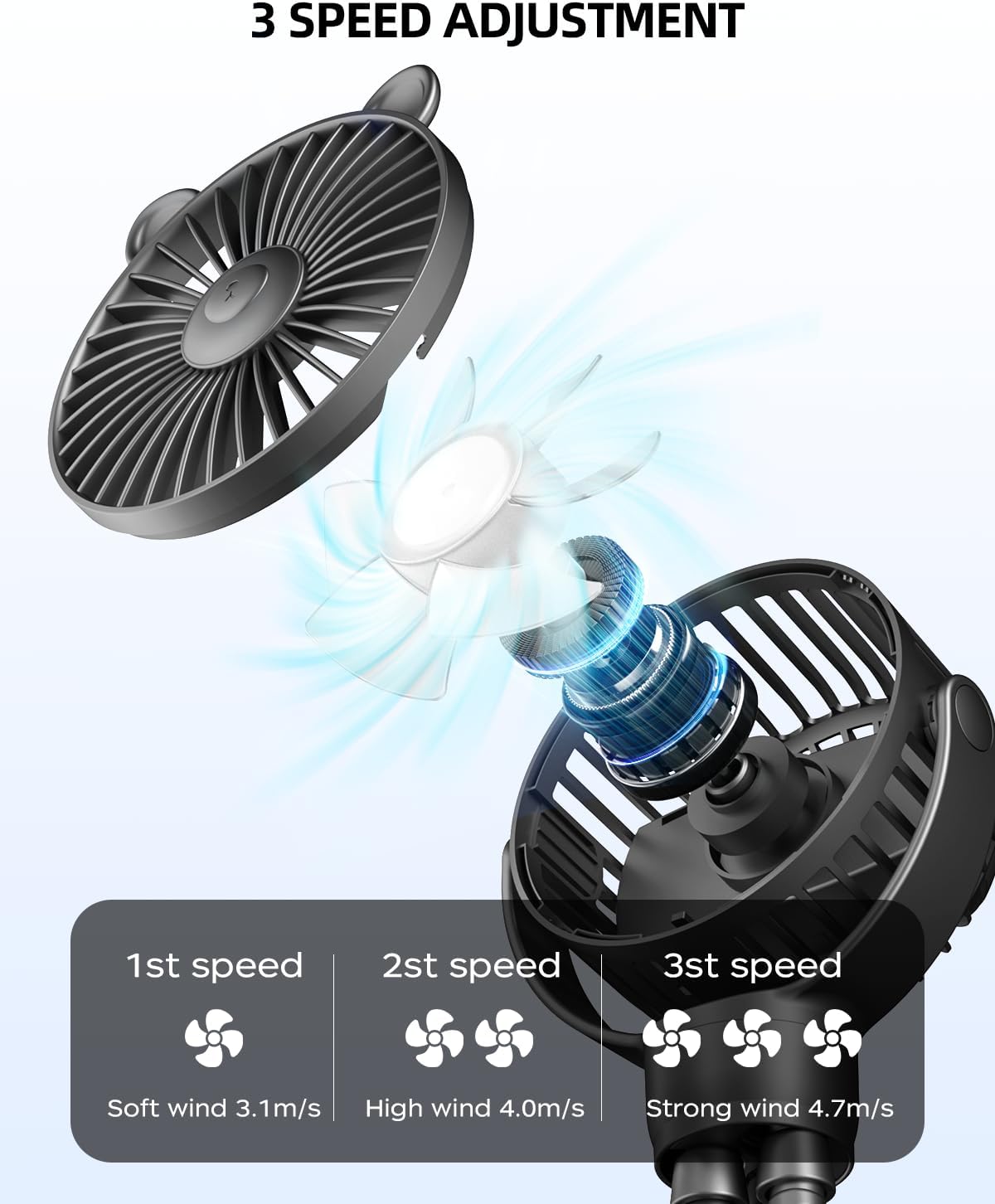 Portable Mini Stroller Fan, Battery Operated Small Clip on Fan, Detachable Flexible Tripod Baby Fan with 3 Speed for