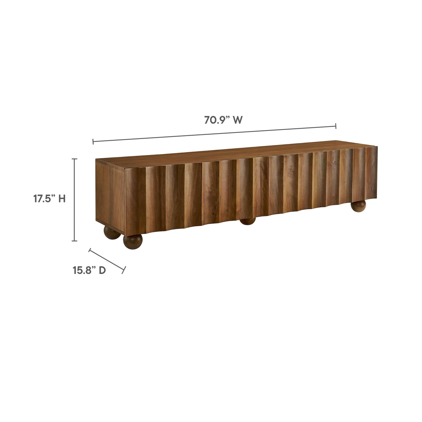 Modway Sorren 71 Inch Scalloped TV Stand in Walnut – 4 Door Media Console Cabinet – Modern Storage TV Stand with Doors