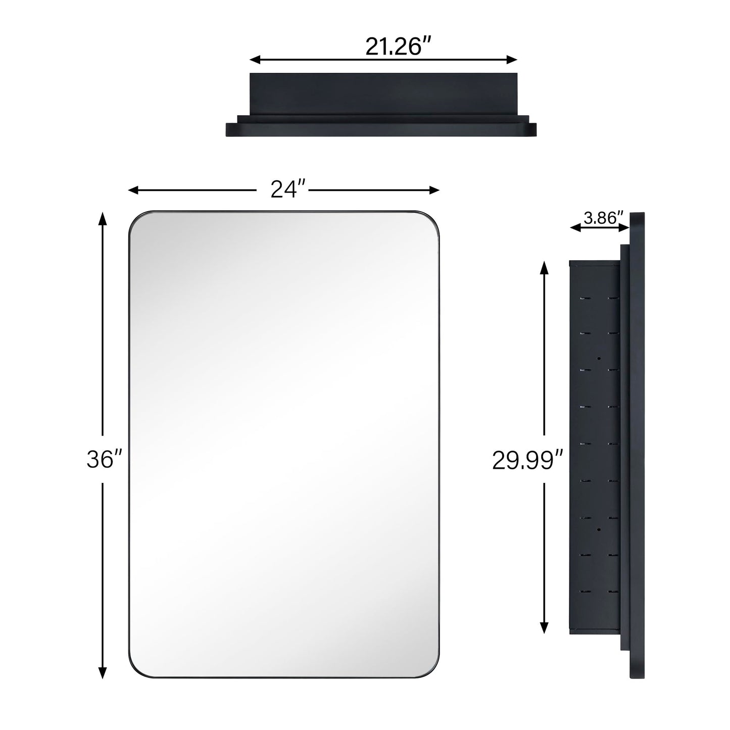 EGHOME Matt Black Rectangle Recessed Bathroom Medicine Cabinet with Mirror Stainless Steel Metal Framed Rounded Rectangular Bathroom Cabinet with Mirror 24x36''