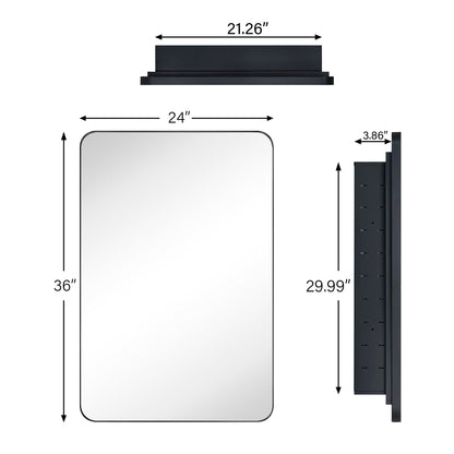 EGHOME Matt Black Rectangle Recessed Bathroom Medicine Cabinet with Mirror Stainless Steel Metal Framed Rounded Rectangular Bathroom Cabinet with Mirror 24x36''