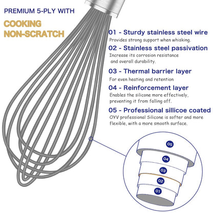 OYV Grey Silicone Whisk, Professional Whisks For Cooking Non-Scratch, Stainless Steel & Silicone Wisk, Plastic Rubber Whisk Tool For Nonstick Cookware Pans, Silicon Wisks Set of 3