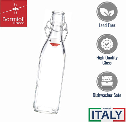 Bormioli Rocco Swing 17 oz. Square Swing-Top Glass Bottle with Airtight Seal and Metal Clamp for Drinks, Juices, Wine, or Dressings, Single Bottle
