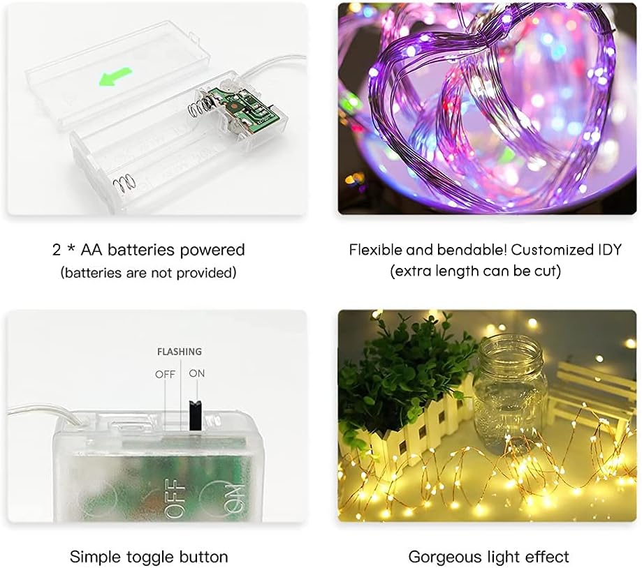 Waterproof LED String Lights, 2 Pack 20ft 60 LED Festival Decorations, Battery Powered Copper Wire Fairy Lights