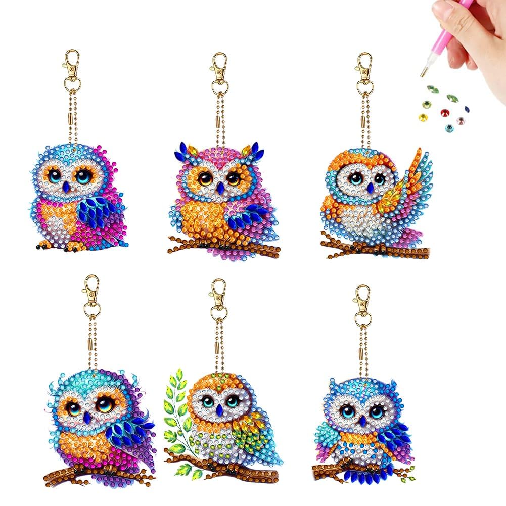 YUE ZHE 6 PCS Owl Diamond Painting Keychains Owl Diamond Art Kits for Adults Double Sided DIY 5D Painting for Adults Beginners DIY Crafts Decor