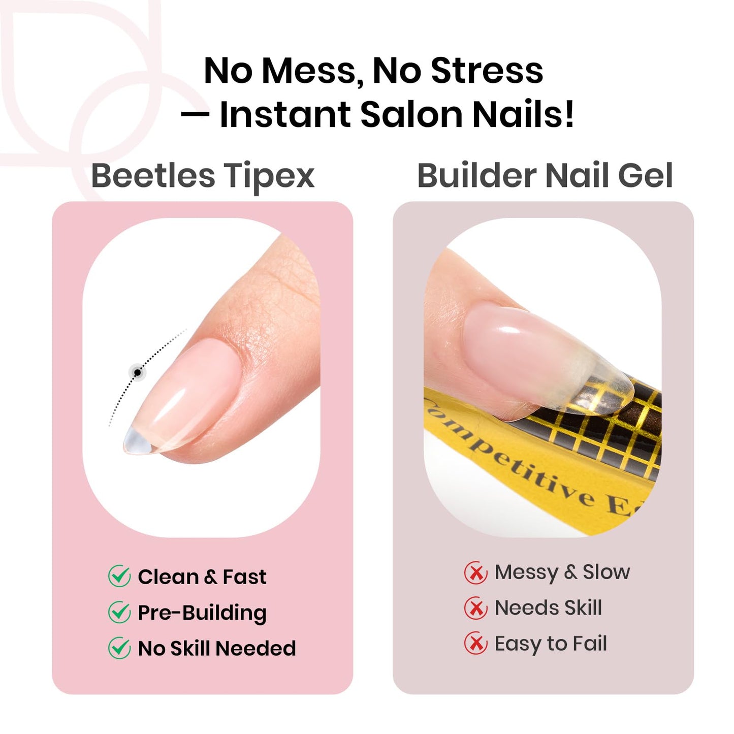 Beetles Tipex Gel Nail Kit, Medium Almond Nail Tips 224 Pcs 16 Sizes Pre-Building Pre-Etched Thick Acrylic Tips with Tipex Glue, Mini Lamp