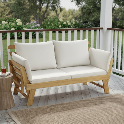 Tangkula Convertible Acacia Wood Patio Couch Sofa Bed with Adjustable Armrest, Outdoor Daybed with Cushion & Pillows, Outside Folding Futon Sofa Couch Bench for Porch, Courtyard, Poolside & Garden
