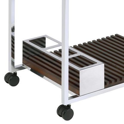 roomfitters Lisses Chrome and Walnut Serving Cart, Contemporary Luxury electroplated Electroplated Bar Trolley with Removable Serving Tray and Stemware Shelf